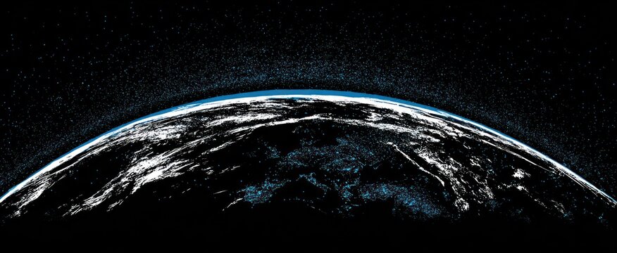 Stylized digital image of a planet with a bright atmosphere against a starfield. Black and white shades blend with blue accents - Powered by Adobe