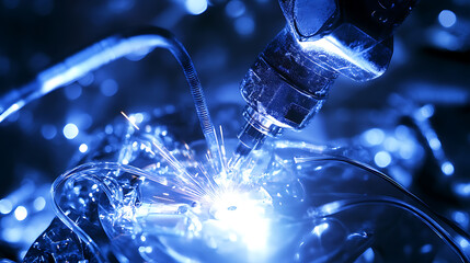 Close-up of precision welding process with sparks flying during industrial manufacturing