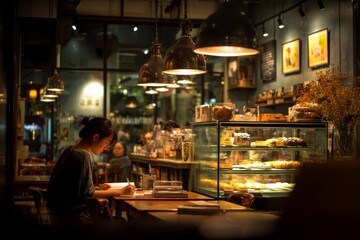 Fototapeta premium A cozy café with warm lighting and the smell of fresh pastries. An employee is journaling quietly. The mood feels reflective and gentle, Generative AI 