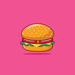 Ilustrasi Burger Kartun dengan Keju, Selada, dan Sosis di Latar Belakang Pink
