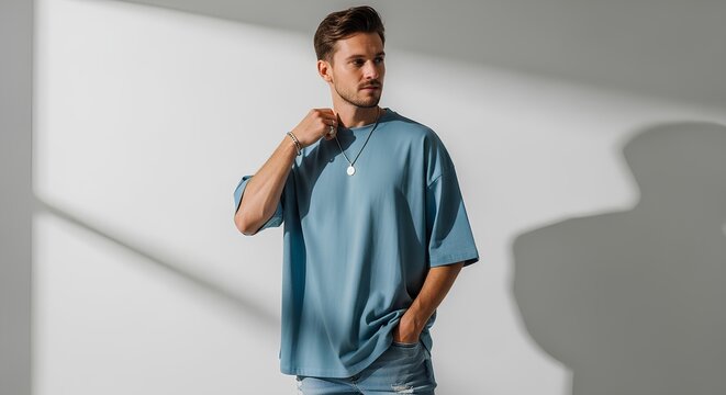 Stylish young man in a light blue oversized t-shirt posing against a white wall with dramatic shadows