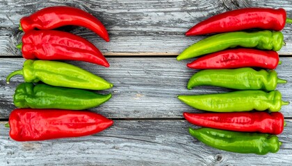 Red and green peppers arranged symmetrically on a rustic wooden surface