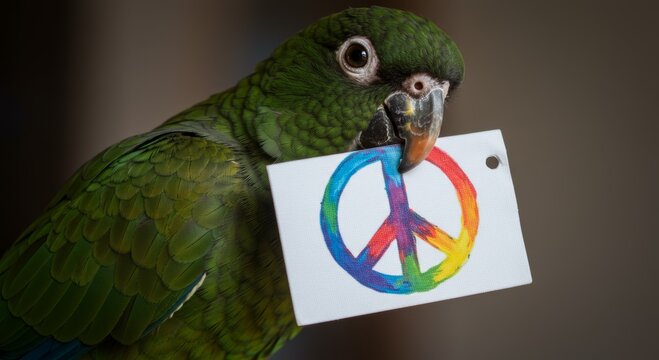 Peaceful Parrot: A vibrant green parrot clutches a card bearing the iconic peace symbol, symbolizing unity and tranquility.