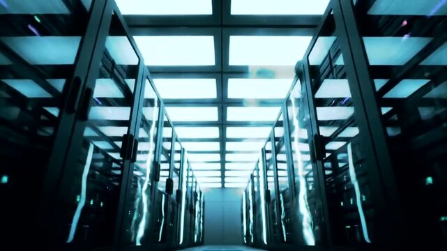 Futuristic Data Center with Glowing Blue Lights.