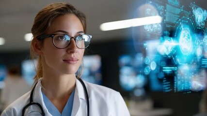 Visionary in Healthcare: A focused healthcare professional with spectacles, stands with stethoscope, observing digital medical imaging. This photograph captures expertise and innovative solutions.