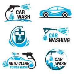 Set of car wash service emblems and logo templates. Collection of vector icons for automotive cleaning and power washing services. 