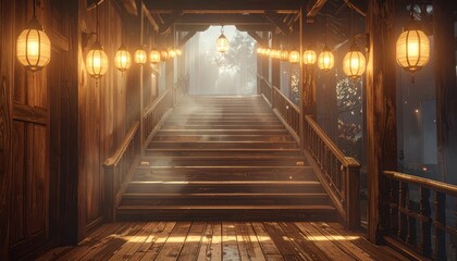 A wooden staircase leads upward through a dimly lit, rustic hallway, illuminated by warm, hanging lanterns, creating a serene and inviting atmosphere.