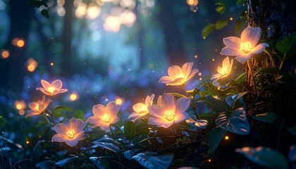 Magical vines bloom with radiant flowers, their petals glowing softly against a twilight woodland backdrop.