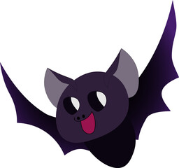 A cute cartoon bat with a round head and a friendly smile. The dark purple bat with big white eyes, a pink tongue, and is ideal for fun Halloween designs and children decor.