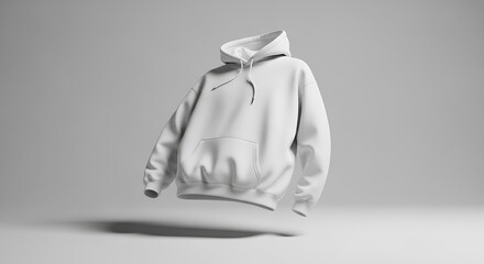 Blank white hooded sweatshirt floating on a clean studio background. 3D rendered apparel mockup for clothing design and brand presentation