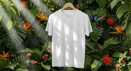 Blank White T-Shirt Hanging in a Lush Tropical Forest with Sunlight Rays and Hummingbirds
