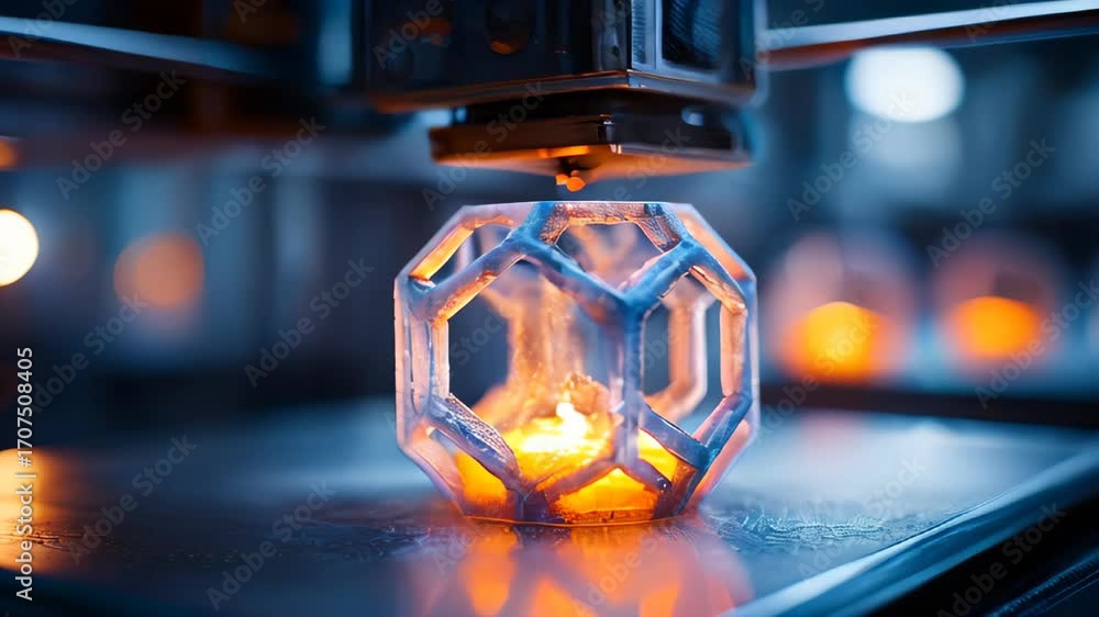 Poster 3d printing process of a glowing geometric structure in a workshop during daytime