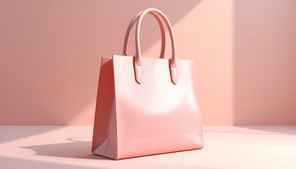 A stylish, pale pink tote bag, angled on a muted pink surface, is highlighted by natural light.