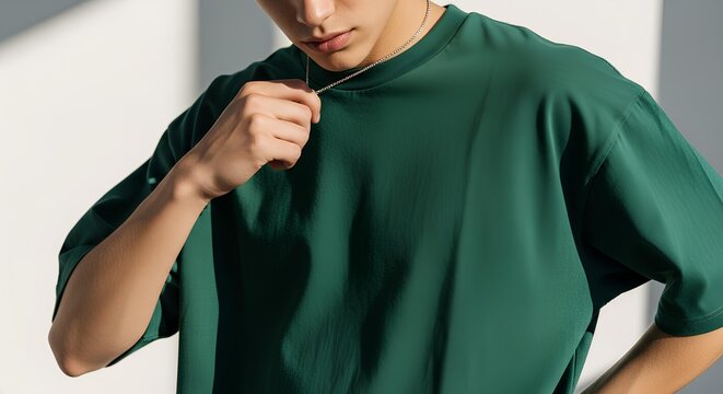 Stylish young man showcases casual elegance with a minimalist oversized green shirt and a delicate chain necklace - Powered by Adobe