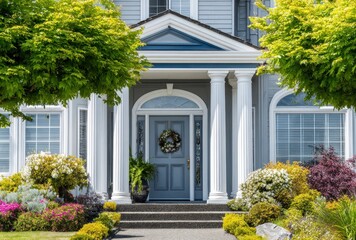 A cozy house entrance with gray door, framed by white pillars and lush greenery. Colorful flowers dot the landscape, inviting guests