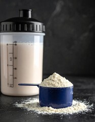 large scoop of white protein powder with some powder on counter and shaker sports bottle with shake, dark background with copy space