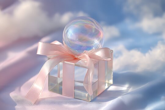 Dreamy glass gift with iridescent sphere and pink ribbon against a soft sky background, perfect for luxury branding - Powered by Adobe
