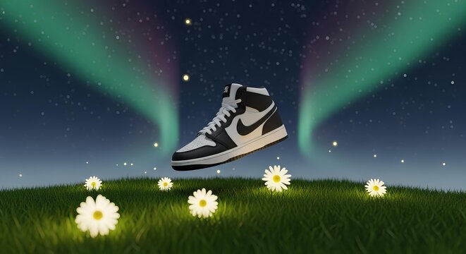 Magical footwear suspended in a dreamlike nocturnal meadow with glowing chamomile flowers and a celestial aurora