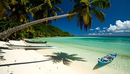 Tropical beach scene with palm trees and boats