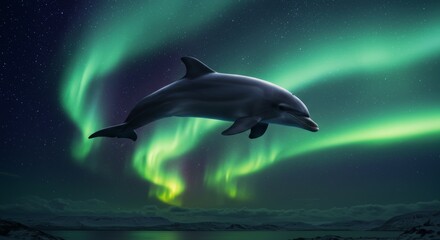 Fototapeta premium Dolphin and Northern Lights: A captivating scene where a dolphin leaps gracefully against the backdrop of the mesmerizing Aurora Borealis, a spectacle of natural wonder.