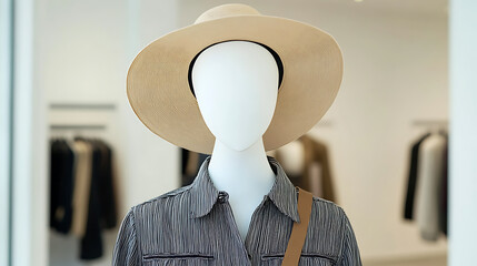Mannequin dressed in striped shirt and wide-brimmed hat displayed in a retail store