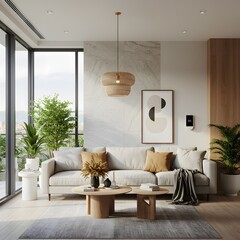 Modern living room with large windows and comfortable sofa