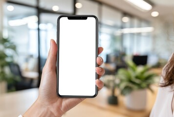A hand holds a smartphone with a blank white screen in an office environment with blurred background featuring greenery and modern decor