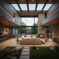 Modern luxury home interior with soaring ceiling and stone fireplace