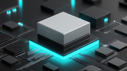 3D rendering of a central processing unit chip on a circuit board with glowing blue connections