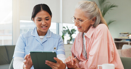 Tablet, caregiver and senior woman in home for conversation, assisted living or check results....