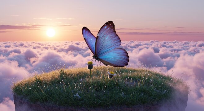 Floating Island: A majestic butterfly gently alights upon a tranquil green island, floating serenely amidst a sea of clouds, bathed in the soft glow of the sunset. A perfect embodiment of serenity.