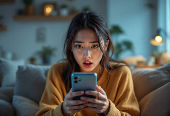 Shocked people of different ages stare at their phones in disbelief after receiving hacked bank account notifications.