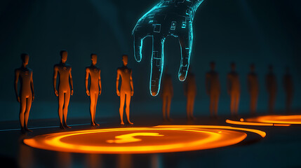 Digital hand hovers over glowing platform with human figures in a futuristic setting