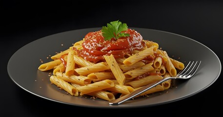Delicious penne pasta with rich tomato meat sauce and fresh parsley garnish