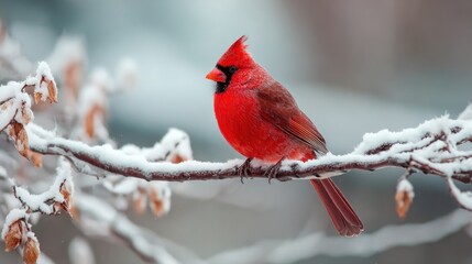 Crimson Sentinel: A Male Northern Cardinal Perched on a Snowy Winter Branch