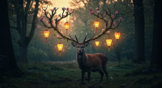 A stunning wildlife silhouette of a stag with large antlers against a vibrant sunset in a forest - Powered by Adobe