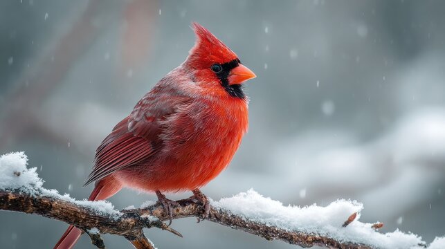 Crimson Sentinel: A Male Cardinal Braving a Gentle Winter Snowfall on a Frosted Perch
