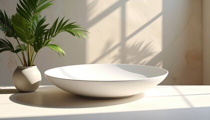 A large, light-colored bowl sits on a light-beige surface next to a potted palm plant, bathed in soft sunlight.