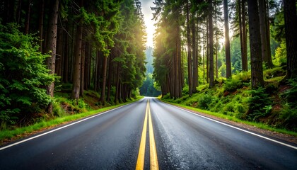 Empty road through a lush forest