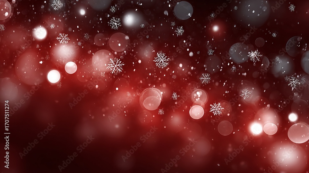 Poster dreamy red christmas bokeh background with snowflakes soft glowing light orbs festive defocused wint