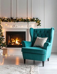 Fototapeta premium Teal wingback armchair in a cozy fireplace room