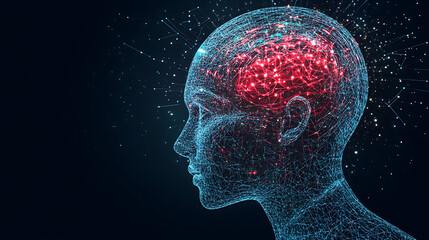 Digital human head with glowing brain network against dark background