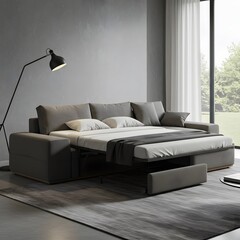Modern grey sofa bed with pull out mattress and storage in a stylish living room
