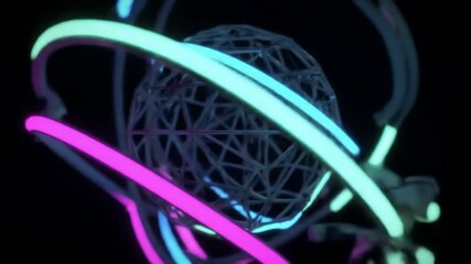 Abstract 3D cube wireframe spinning in dark space with blue neon highlights. - Powered by Adobe