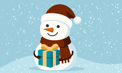 snowman vector illustration holding christmas gift box