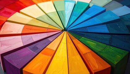 Obraz premium A vibrant circular arrangement of multicolored wedges, showcasing a spectrum of hues from red to violet.