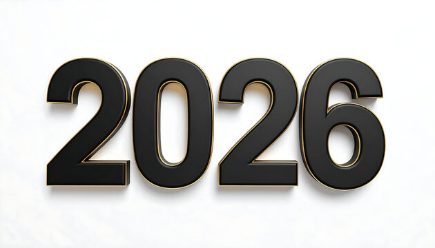 Bold, three-dimensional black numbers spelling out the year 2026, rendered with a subtle golden edge and casting a shadow on a clean white background, symbolizing future time.