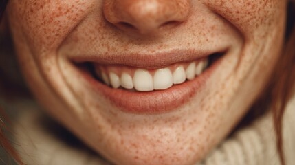 Fototapeta premium Close-up of a smiling woman's face with natural freckles and bright white teeth