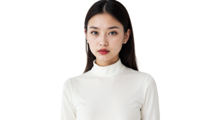 Confident young woman posing in a white top against a plain background in a studio setting during daylight