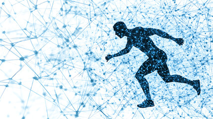 Silhouette of a running human figure against a digital network background